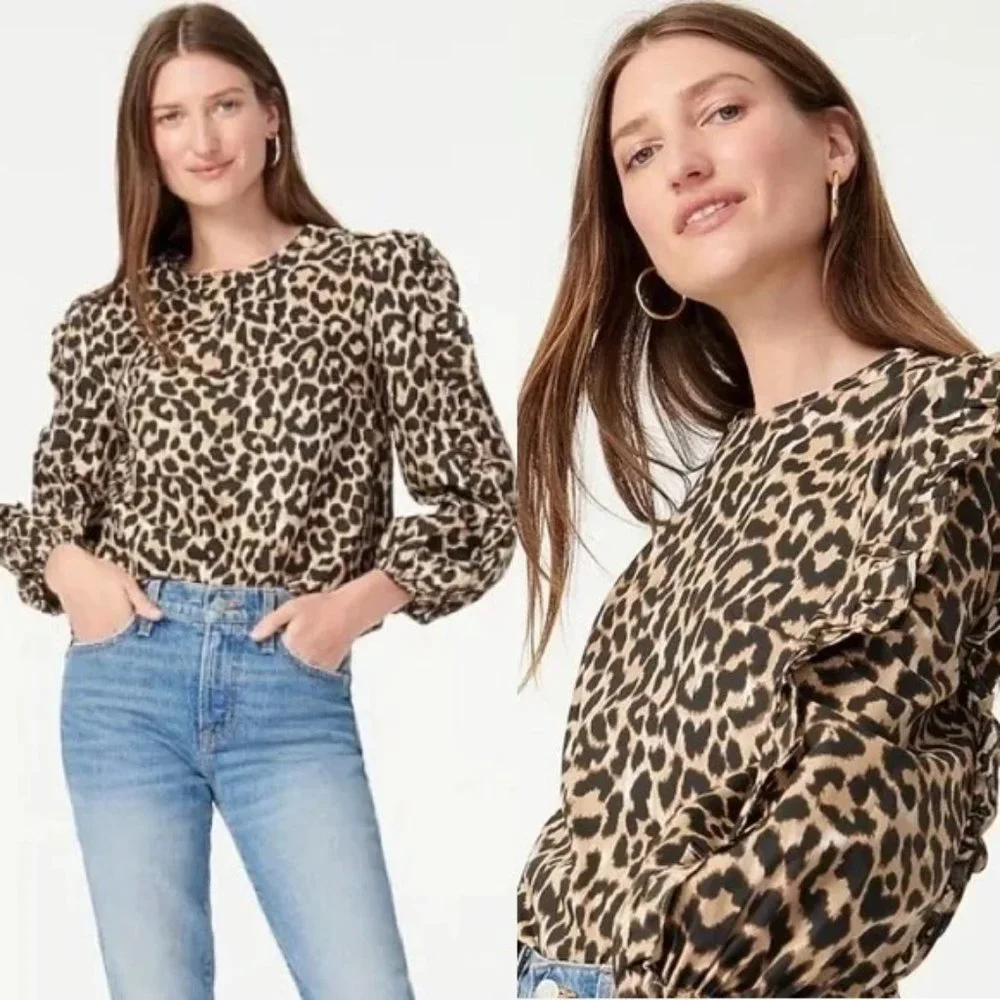 J. Crew Cotton Leopard Print Long Ruffle Trim Sleeves Blouse Sz S